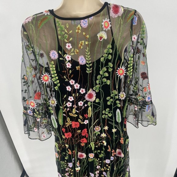 Lulu's 3D Floral Botanical Midi Dress Size Small Embroidered Sheer Black Mesh - Picture 7 of 16